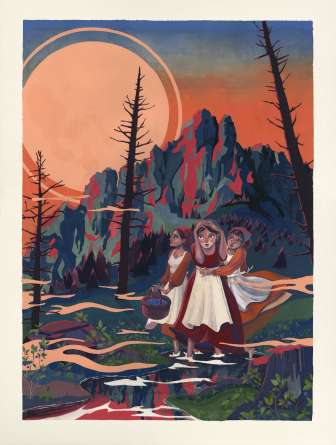 Illustratie van de legende "Die Drie zussen" met drie jonge vrouwen in traditionele klederdracht tegen een dramatische bergachtergrond bij zonsondergang - Liechtensteinse legendes