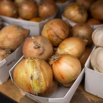 Zelfgemaakte uien en knoflook in de boerderijwinkel van Neufeldhof - kwaliteitsproducten van de Liechtensteinse landbouw.