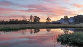 Natuurreservaat Ruggeller riet in de zonsondergang met vijver op de voorgrond 