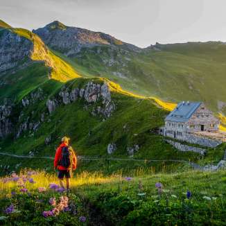 Wandelaar kijkt naar de Pfälzerhütte in Liechtenstein, omgeven door een groen berglandschap en Alpenpanorama in het avondlicht