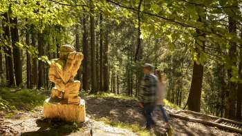 Wandelaars passeren een gebeeldhouwde figuur met verrekijker op "pad van de Walser legendes".