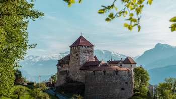 Pittoresk uitzicht op het kasteel van Vaduz, ingebed in groene heuvels en bossen.