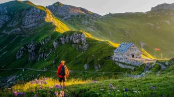 Wandelaar kijkt naar de Pfälzerhütte in Liechtenstein, omgeven door een groen berglandschap en Alpenpanorama in het avondlicht