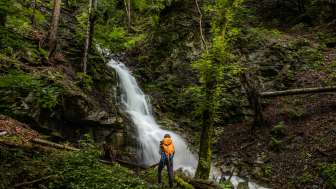 Wandelaars met rugzakken voor een idyllische waterval bij Nendeln, ingebed in dichte bossen en met mos bedekte rotsen.