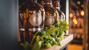 Flessen vers getapt bier op een zonovergoten terras, omgeven door een levendige sfeer