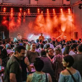 Concert van de band Baba Shrimps op het FL1.LIFE Festival met rode podiumverlichting en een groot publiek