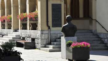 Zicht op de ingang van het stadhuis van Vaduz met bloemstukken, historische buste en brede stenen trappen - een cultureel herkenningspunt in het centrum van Vaduz.