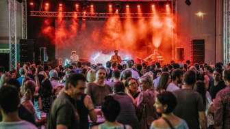 Baba Shrimps live op het FL1.LIFE Festival Concert van de band Baba Shrimps op het FL1.LIFE Festival met rode podiumverlichting en een groot publiek