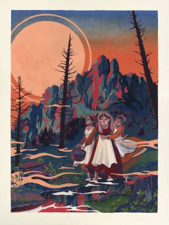 Illustratie van de legende "Die Drie zussen" met drie jonge vrouwen in traditionele klederdracht tegen een dramatische bergachtergrond bij zonsondergang - Liechtensteinse legendes