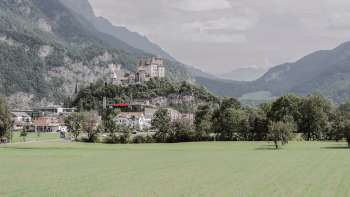Majestueus uitzicht op burcht Gutenburg in Balzers, omringd door groene velden en de indrukwekkende Alpen.