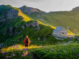 Wandelaar kijkt naar de Pfälzerhütte in Liechtenstein, omgeven door een groen berglandschap en Alpenpanorama in het avondlicht