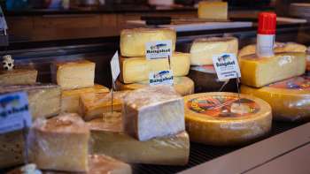 Gevarieerde selectie van regionale kazen in de toonbank van de boerderijwinkel Bangshof in Liechtenstein, vers en handgemaakt.