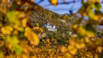 Uitzicht op het kasteel van Vaduz in Liechtenstein in de herfst, omlijst door goudgele bladeren en een herfstachtige natuurlijke achtergrond.