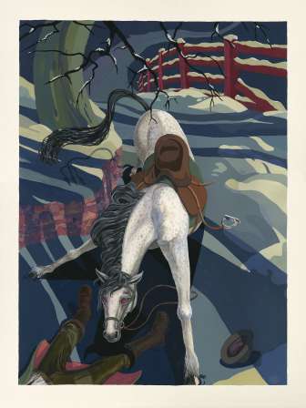 Illustratie van de legende van het grijze paard van Lochgass: wit spookpaard met een rode blik en ruiter in de sneeuw - Liechtensteinse legenden in een sombere sfeer