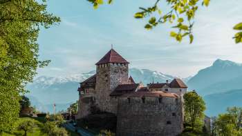 Pittoresk uitzicht op het kasteel van Vaduz, ingebed in groene heuvels en bossen.