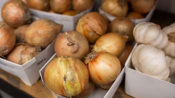 Zelfgemaakte uien en knoflook in de boerderijwinkel van Neufeldhof - kwaliteitsproducten van de Liechtensteinse landbouw.