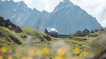 Pfälzerhütte met berglandschap op de achtergrond en bloemen op de voorgrond.