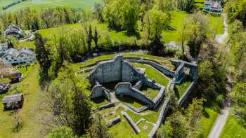 Luchtfoto van de kasteelruïne van Schellenberg, omringd door dichte bossen en weiden