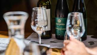 Close-up van wijnglazen en flessen van Hofkellerei Liechtenstein tijdens een professionele wijnproeverij met Grüner Veltliner