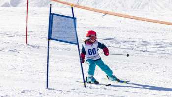 Klein kind met startnummer skiet geconcentreerd door de poorten van de kinderskirace in malbi-park (kinderpark)