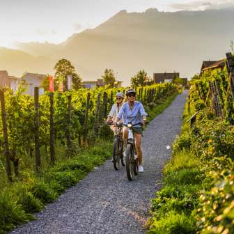 Twee fietsers in de wijngaarden van Liechtenstein bij zonsondergang - e-biketocht met uitzicht op de Alpen en wijnranken