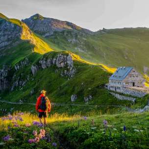 Wandelaar kijkt naar de Pfälzerhütte in Liechtenstein, omgeven door een groen berglandschap en Alpenpanorama in het avondlicht
