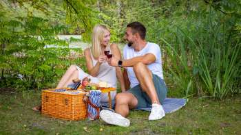 Koppel geniet van een romantische picknick op het platteland met regionale lekkernijen