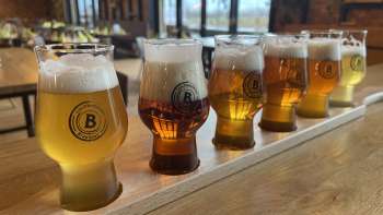 Verschillende soorten bier in een degustatieset op een houten tafel - van licht tot donker bier, geserveerd in stijlvolle glazen in de Liechtensteiner Braustube
