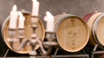 Sfeervolle opname in de wijnkelder van wijnhuis Hoop met gelabelde barriquevaten en kaarslicht.