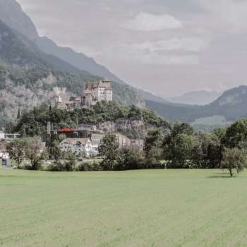Majestueus uitzicht op burcht Gutenburg in Balzers, omringd door groene velden en de indrukwekkende Alpen.