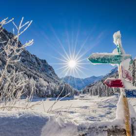 Besneeuwde wegwijzers en een dromerig winterlandschap in de stralende zon in Steg, Liechtenstein.