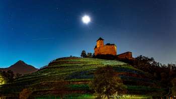 burcht Gutenburg nacht onder een volle maan, omringd door wijngaarden