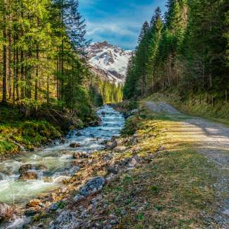 Helder bergbeekje bij Steg in Liechtenstein in de lente, geflankeerd door sparrenbos en wandelpad met uitzicht op de bergen