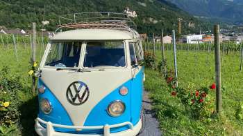 Nostalgische VW-bus op een pad door de wijngaarden met uitzicht op het kasteel van Vaduz