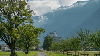 Uitzicht op de burcht Gutenburg de omliggende bergen