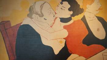 Artistieke muurschildering met koppels in de Brasserie Burg - stijlvolle ambiance met Franse charme