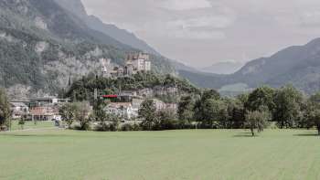 Majestueus uitzicht op burcht Gutenburg in Balzers, omringd door groene velden en de indrukwekkende Alpen.