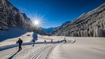 Langlaufers genieten van de vers geprepareerde loipe in de stralende zon in Steg, Liechtenstein.