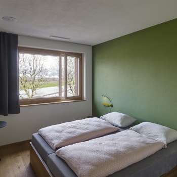 Tweepersoonskamer met groen geschilderde muur in jeugdherberg Schaan/Vaduz